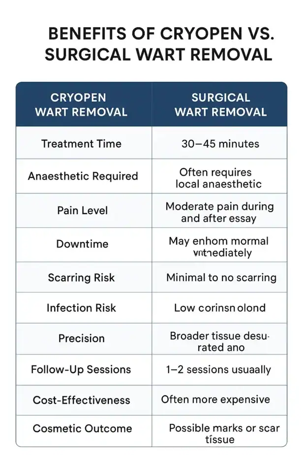 Table showing the benefits of cryopen to remove warts Lymington compared to surgical treatment